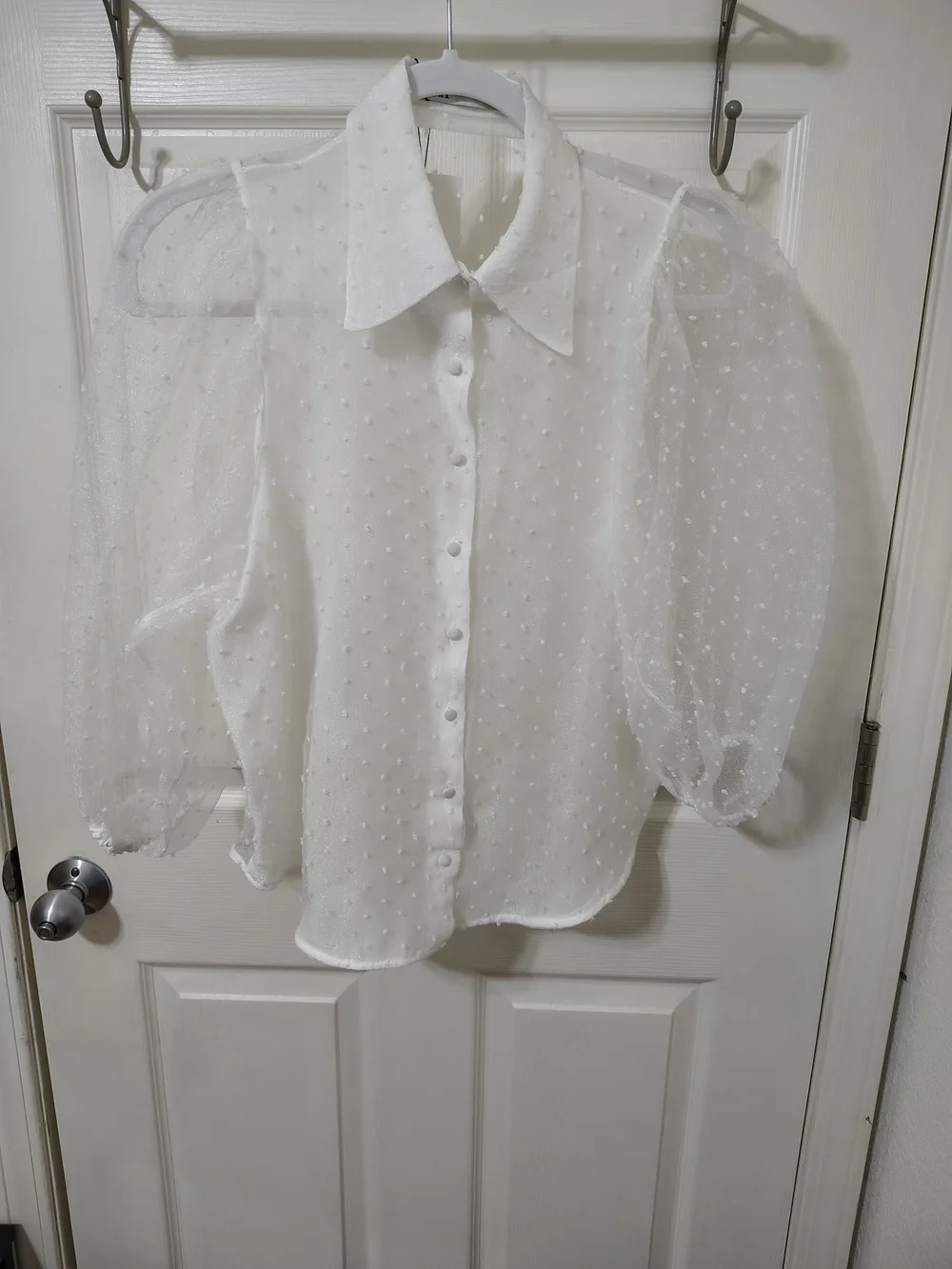 Zara NWT Organza Puff Sleeve Sheer Polka Dot  Button-Up White Blouse Size S